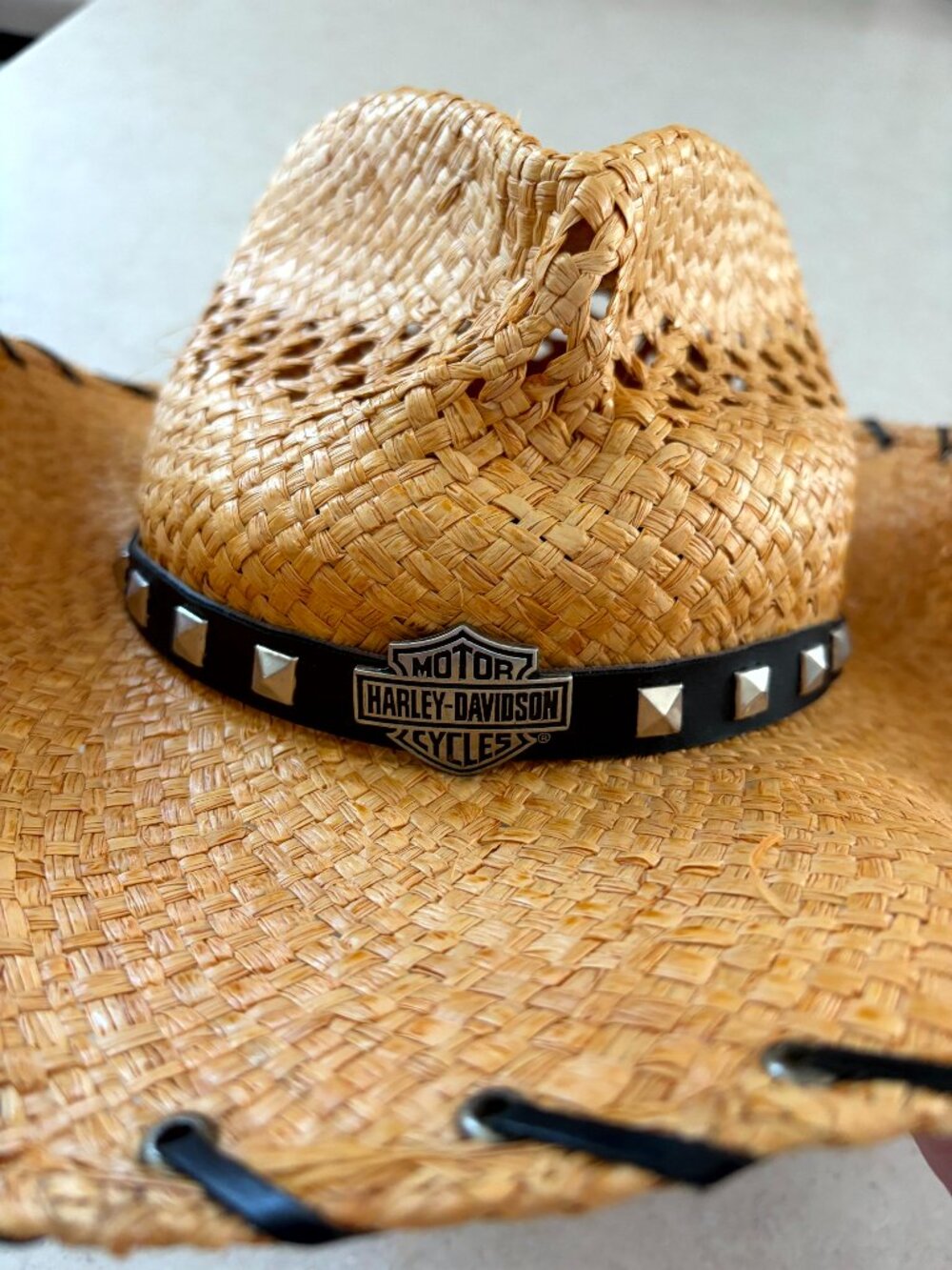 Harley Davidson Bend-A-Brim Straw Cowboy Hat F&M Hat Co Logo Leather Band Size L